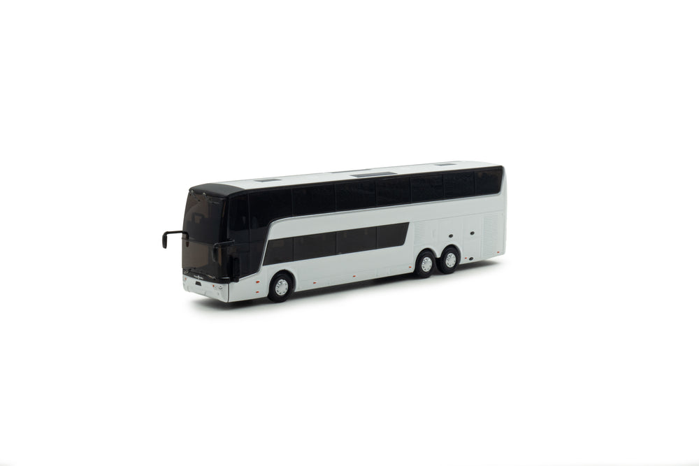 zij/vooraanzicht van een witte van Hool Astromega TX miniatuurbus in schaal 1:87.