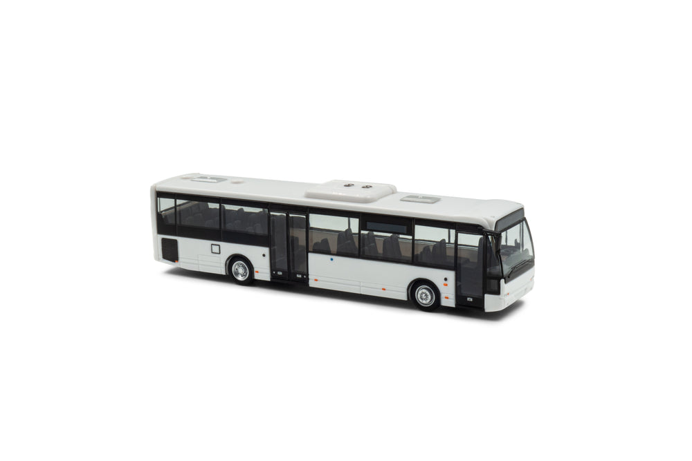 Voor/zijaanzicht van een VDL Ambassador miniatuurbus in schaal 1:87 optie a met airco in het midden.